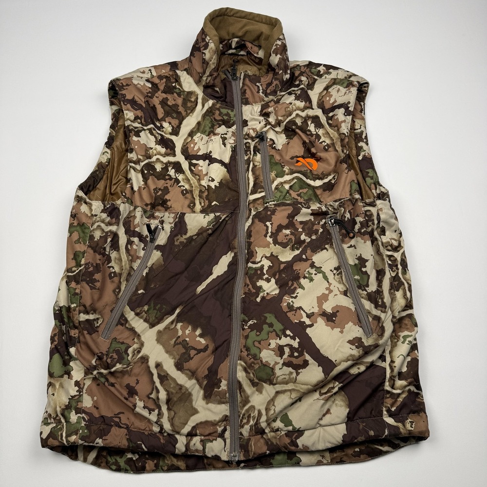 First Lite Vest Mens Large Brown Camo Insulated Puffer Full Zip Hunting Outdoor